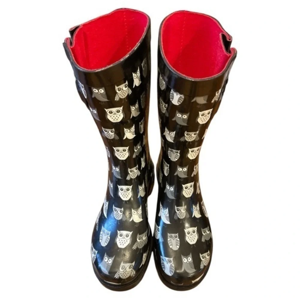 Capelli of New York Women’s Owl Graphic Rain‎ Boots Black White Sz 6 Whimsigoth